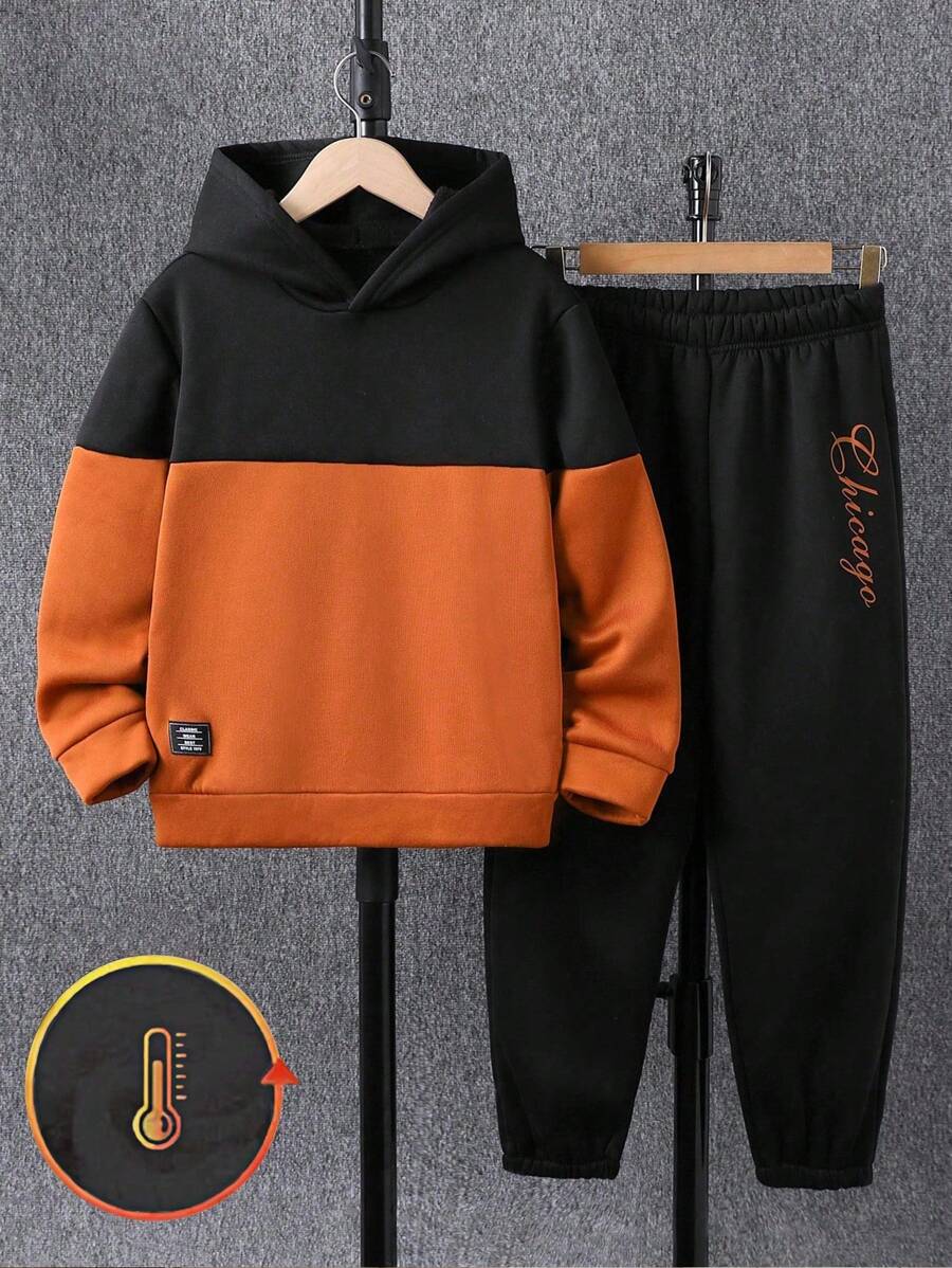 2pcs/Set Tween Boy Casual Hooded Color Block Sweatshirt And Pants Set