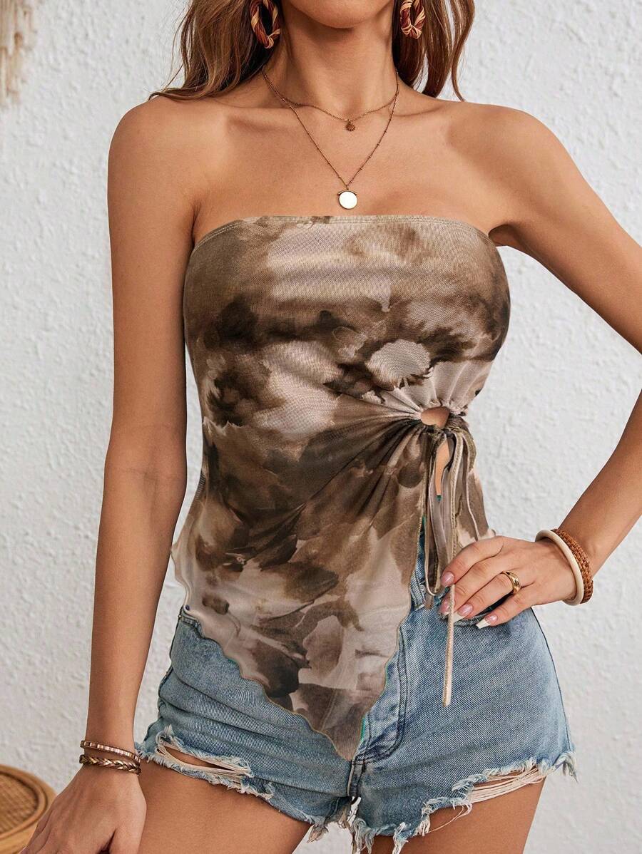 SHEIN VCAY Women Sexy Printed Drawstring Wrap Cropped Tank Top