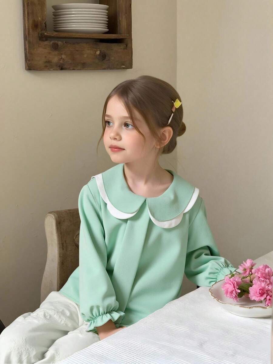 Young Girl Colorblock Floral Collar Ruffle Sleeve Blouse, Suitable For Daily Wear And Friendly Gatherings/Parties, Autumn/Spring