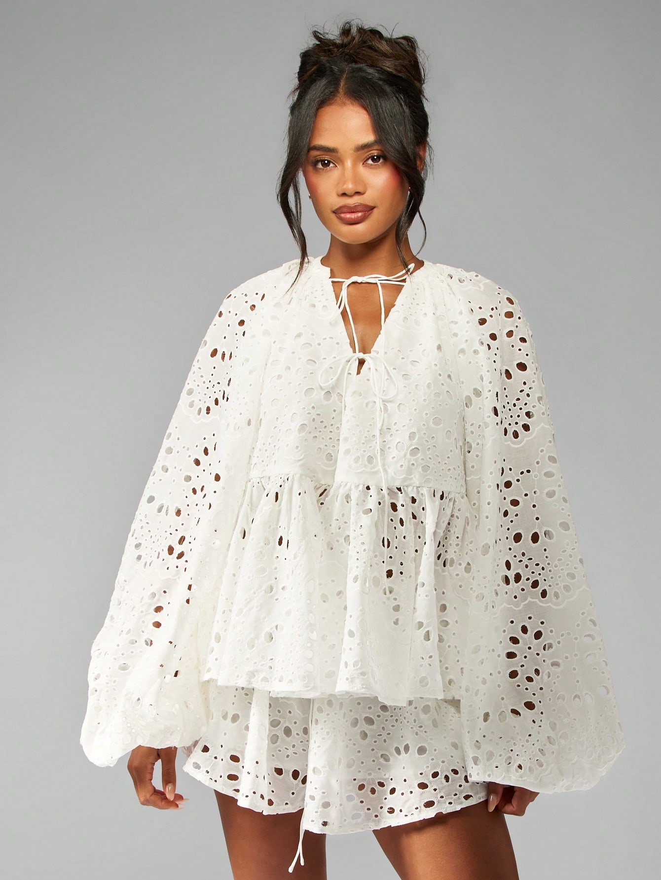 MISSGUIDED Broderie Anglaise Boho Two Piece Outfit With Balloon Sleeves And Drawstring Details｜MISSGUIDED