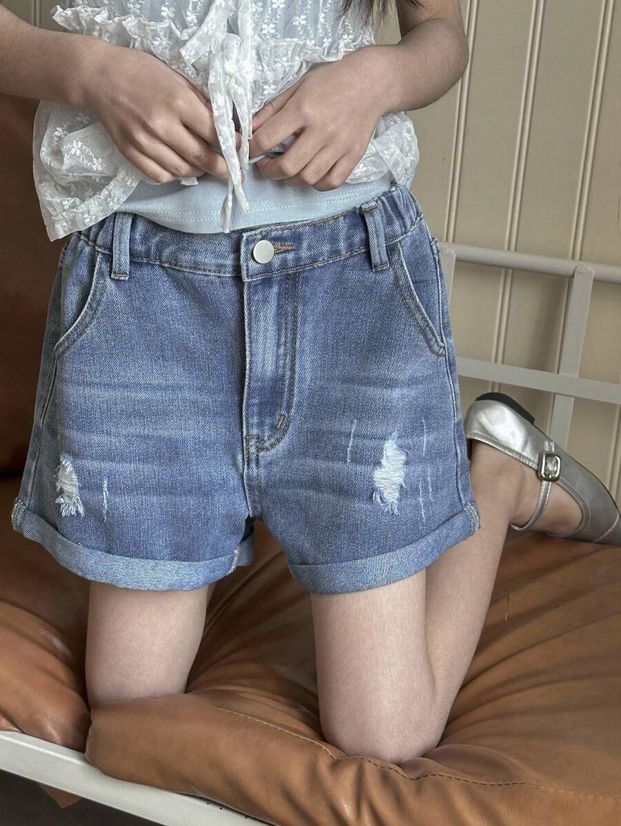 Tween Girls Casual Versatile Streetwear Distressed Designed Comfortable Washed Denim Shorts, Fashionable Item For Party, Campus In 2025