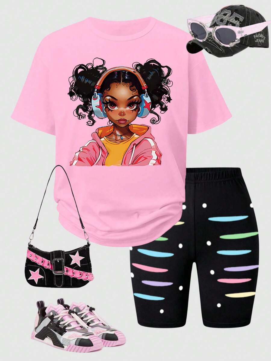 SHEIN Set de 2 piezas de camiseta de manga corta con estampado gráfico y pantalones cortos ajustados con estampado, ropa casual para chicas adolescentes