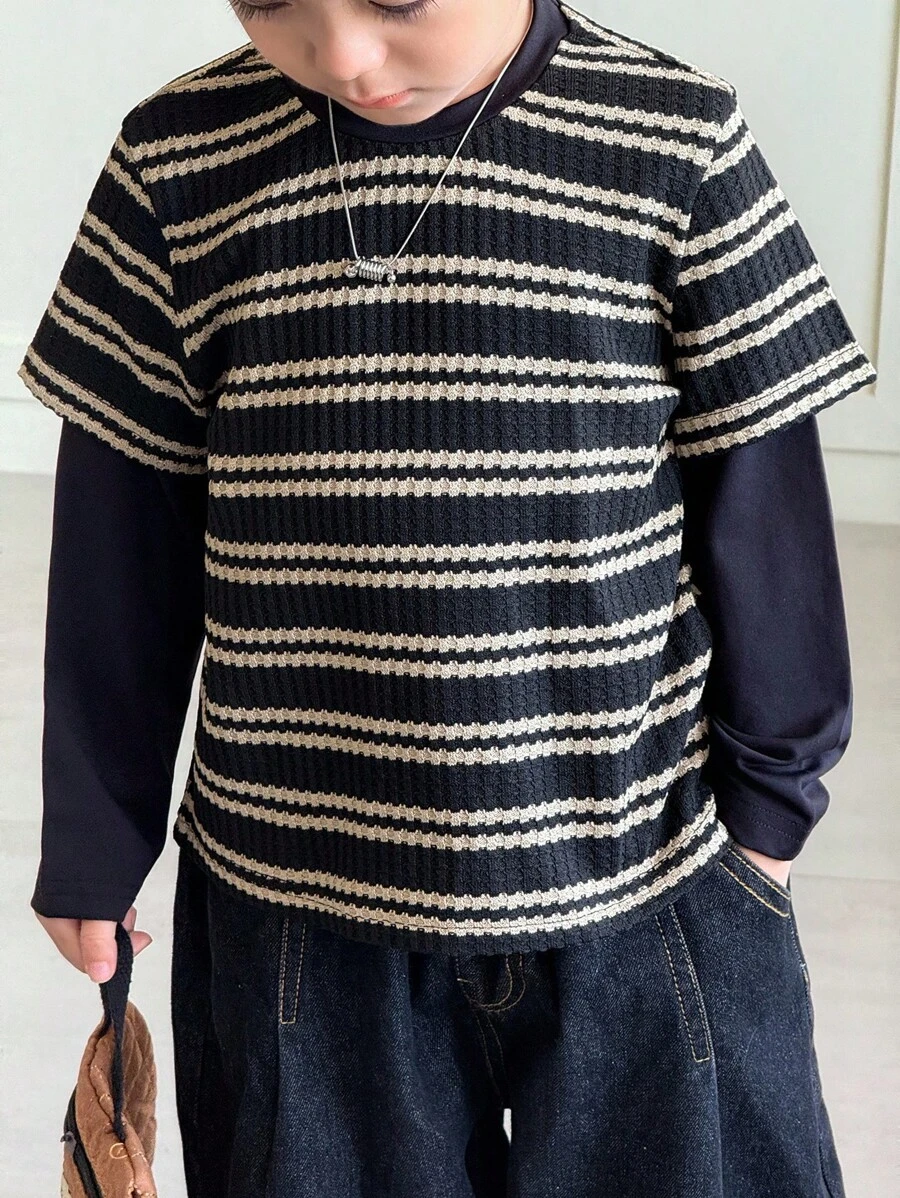 Zikori Zikori Young Boys Casual Black & White Striped Round Neck Long Sleeve T-Shirt