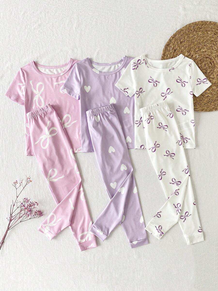6 pezzi Set pigiama aderente per bimbe, con maglietta a maniche corte e pantaloni lunghi, motivo fiocco e cuore, tessuto elastico, lavabile in lavatrice, vestibilità comoda e facile da curare, adatto per bambine da indossare a casa come pigiama o abbigliamento casual, design minimalista facilmente abbinabile (3 set venduti separatamente)