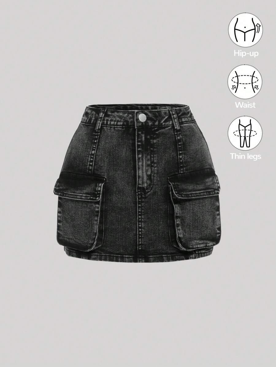 SHEIN Girlism Teen Girl Flap Pocket Denim Skirt