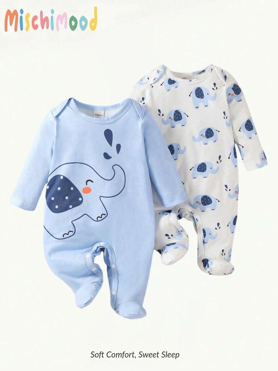 SHEIN Set de 2 piezas de mamelucos de dormir con pies y estampado de elefante azul y blanco de manga larga para recién nacidos