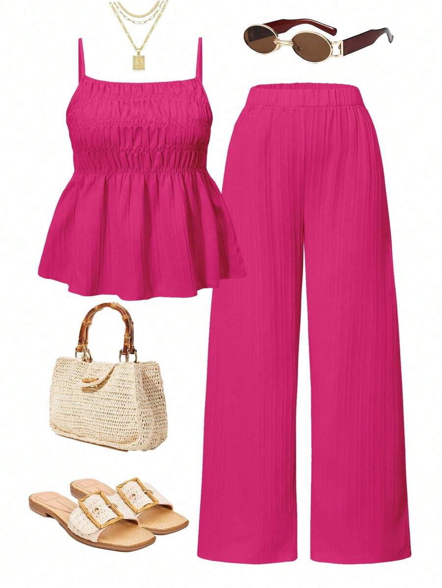 Set de 2 piezas de top de tirantes informal y pantalones de pierna ancha para niña y adolescente, tela ligera, para verano