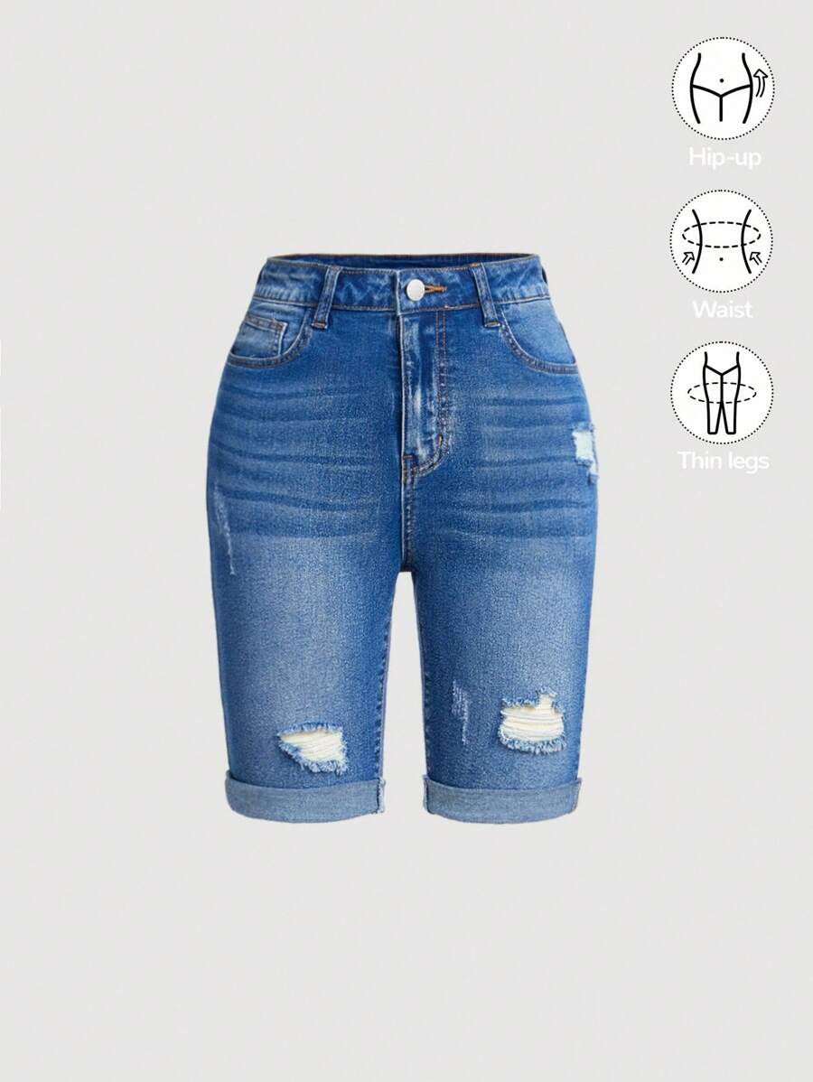 SHEIN Girlism Short vaquero de cintura alta, deshilachado y dobladillo enrollado para adolescentes, short vaquero de verano para niños