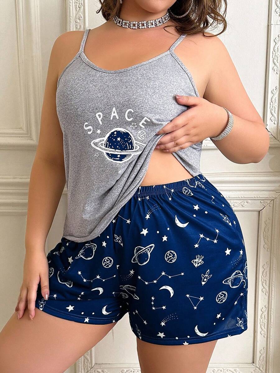 SHEIN Plus Size Cosmic Pattern Print Casual Pajama Set