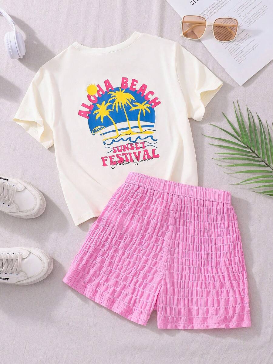 Set de 2 piezas para niñas preadolescentes: Camiseta corta estampada con la palabra "ALOHA" + Pantalones cortos de playa con contraste, conjunto informal y deportivo de corte holgado