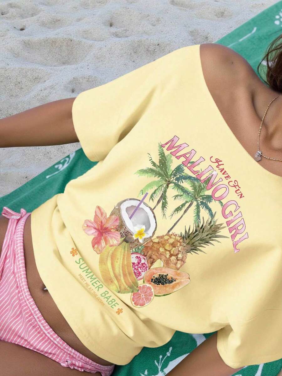 INAWLY Women's Fruit & Coconut Pattern Loose Shoulder T-Shirt, Cream Color Asymmetrical Neck Top For Beach & Vacation