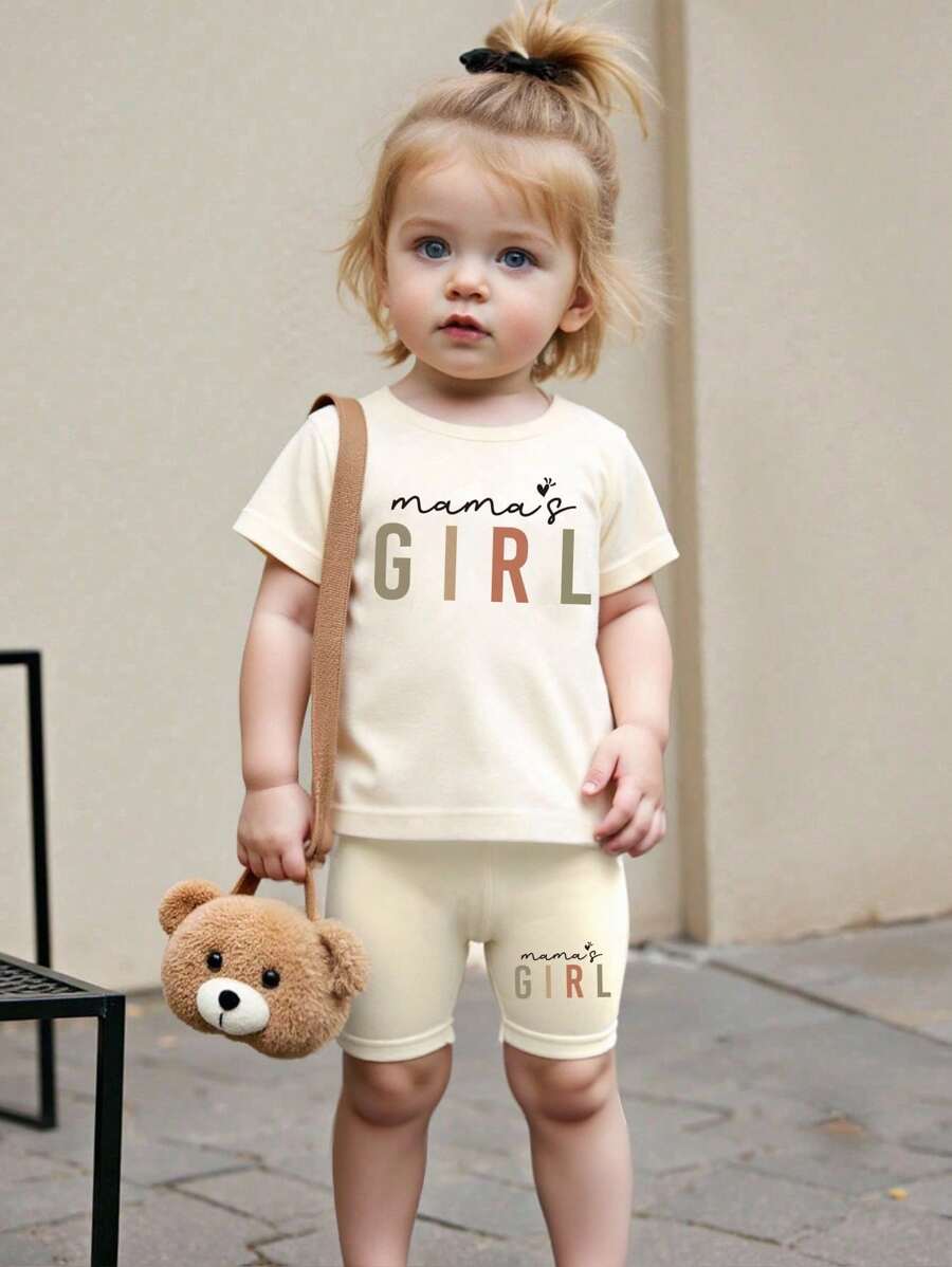 SHEIN Baby Girl Casual Creative Colorful Slogan Graphic Printed Short Sleeve Top & Cycling Shorts, 2-Piece Set