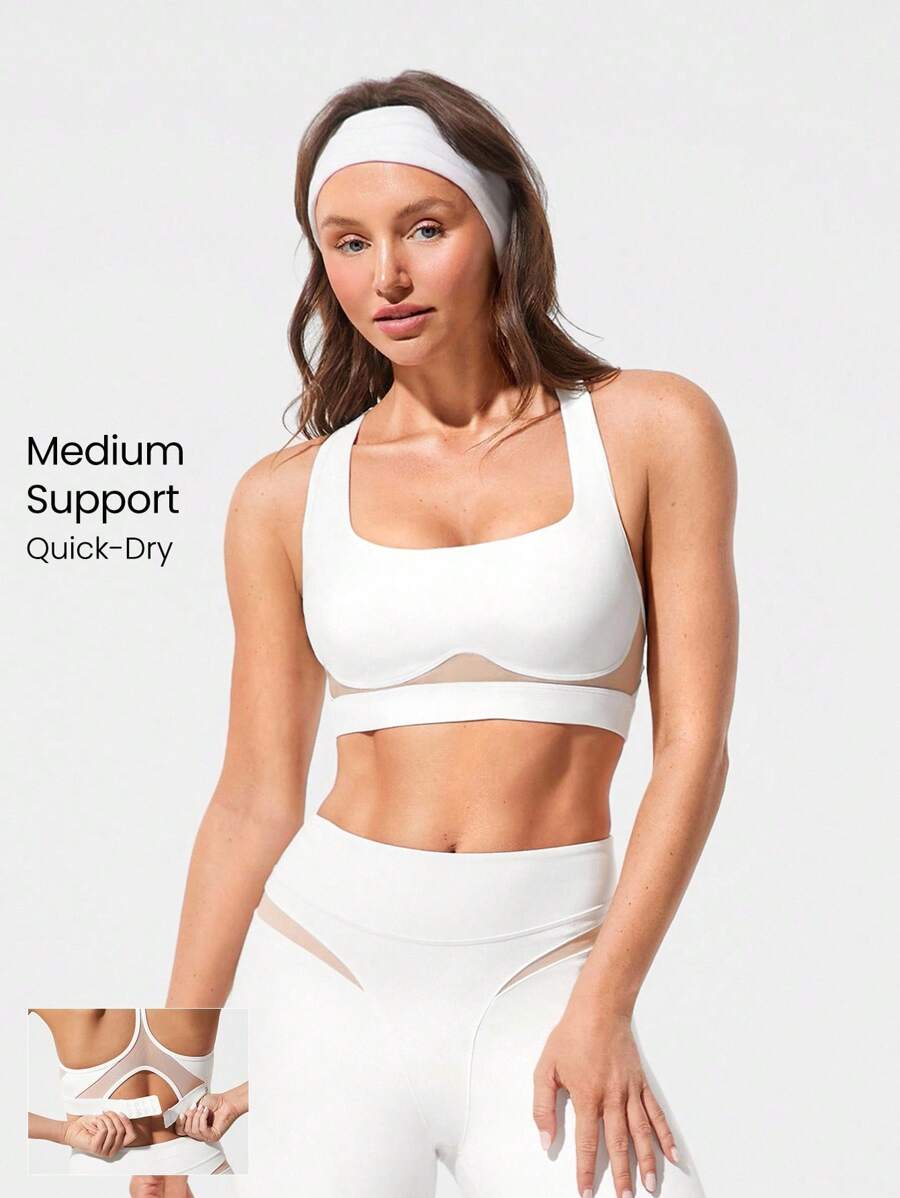 GLOWMODE FeatherFit™-Sculpt Stamina Compressive Heart Shaped Neck Mesh Panels Racerback Adjustable Band Removable Cups Sports Bra Medium Impact Running Jogging Training Gym Studio Active Wear