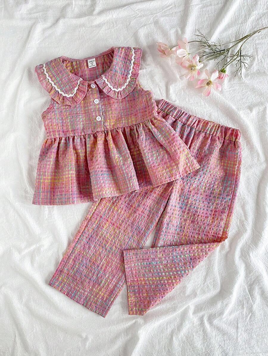SHEIN Vintaside Kids Young Girl Summer Casual Peter Pan Collar Blouse And Pants Set