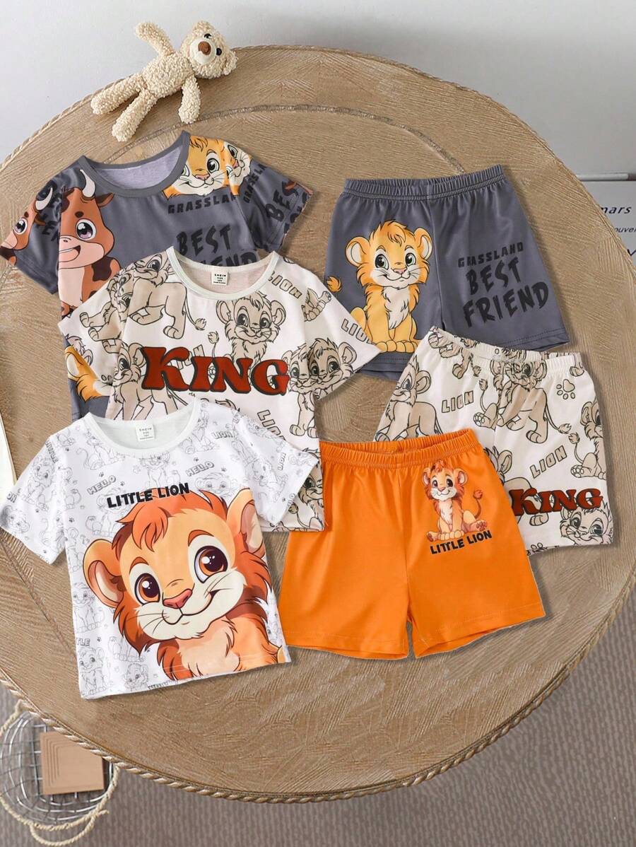 6pcs Boys Cartoon Lion & Tiger Print Short Sleeve Crew Neck T-Shirt And Shorts Casual Fashion Outfit, Suitable For Outings And School