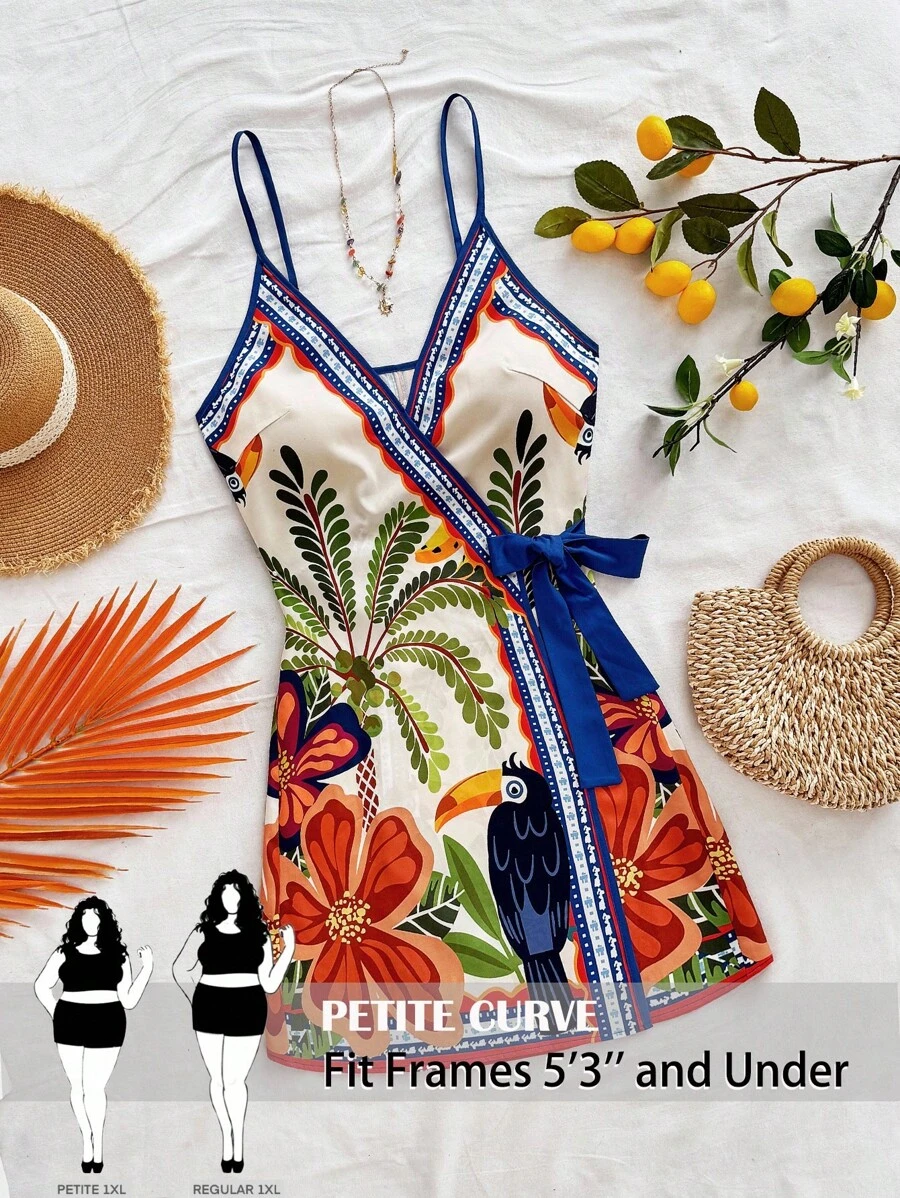 SHEIN PETITE CURVE Vestido corto holgado de verano con tirantes de mujer talla grande con estampado tropical de hojas de palma y cocoteros, estilo bohemio