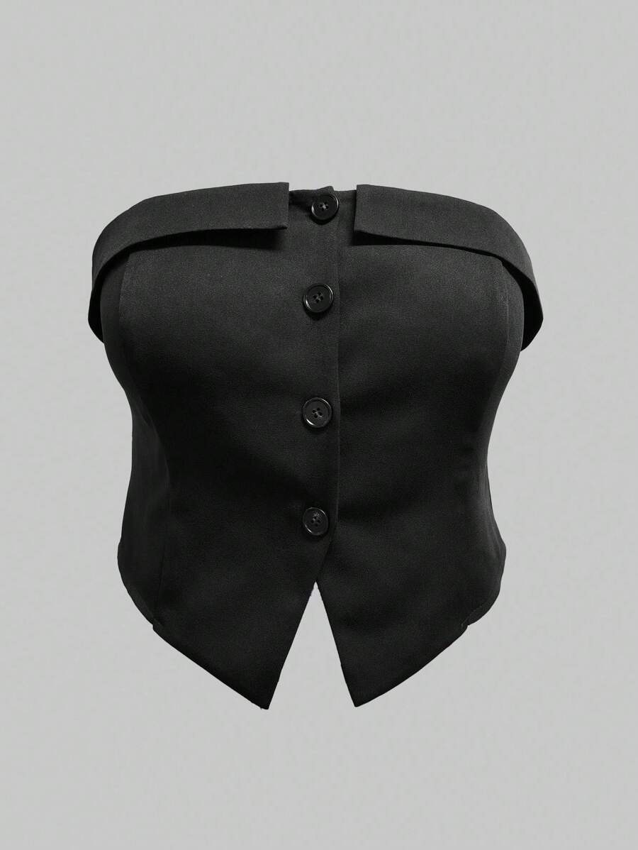 INAWLY Plus Size Women Solid Color Minimal Bandeau Black Top