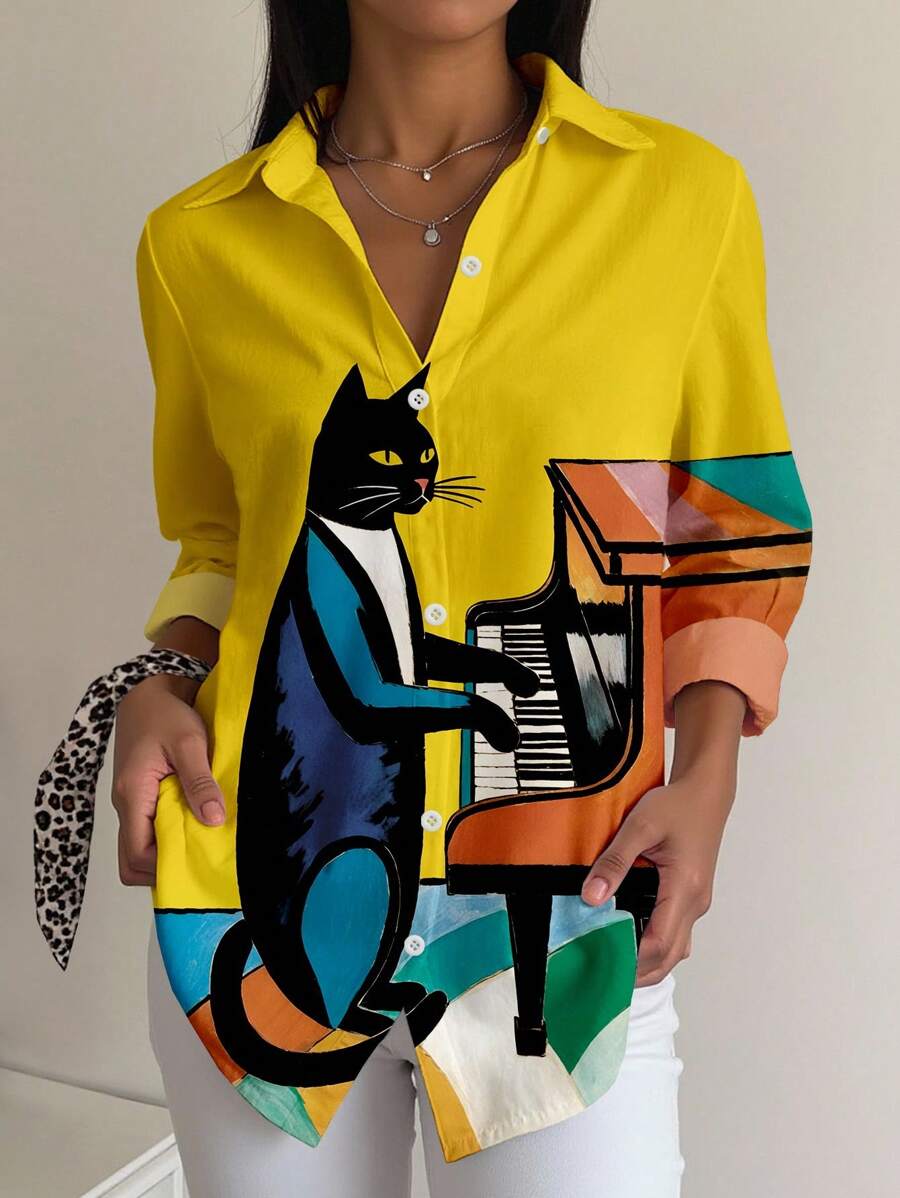 INAWLY Camisa de manga larga con estampado de gato y piano, de estilo casual de calle, adecuada para primavera/otoño