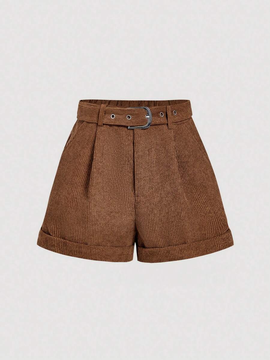 SHEIN MOD Pantalones cortos de pana de talle alto con pierna doblada para mujer, color marrón, para conciertos campestres, lindos, ropa occidental para mujer, vacaciones, vintage, escuela, otoño, ropa urbana, estilo "old money" para mujer, maestro, oficina, trabajo, vuelta al colegio, aeropuerto
