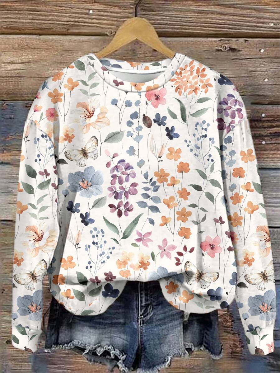 SHEIN LUNE Sudadera casual de mujer con cuello redondo y estampado gráfico de manga larga, adecuada para otoño/invierno