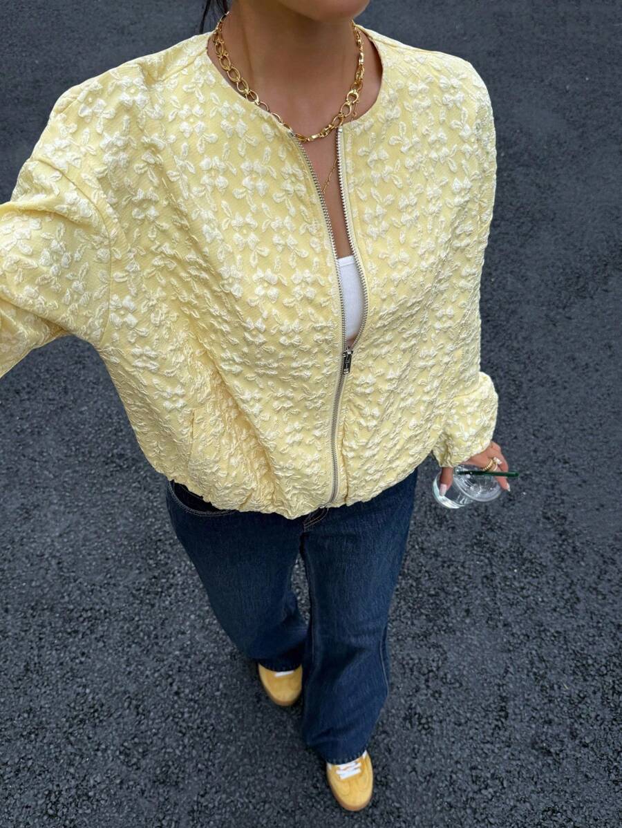 Muchica Nouvelle veste ample courte en jacquard jaune d'automne, col rond