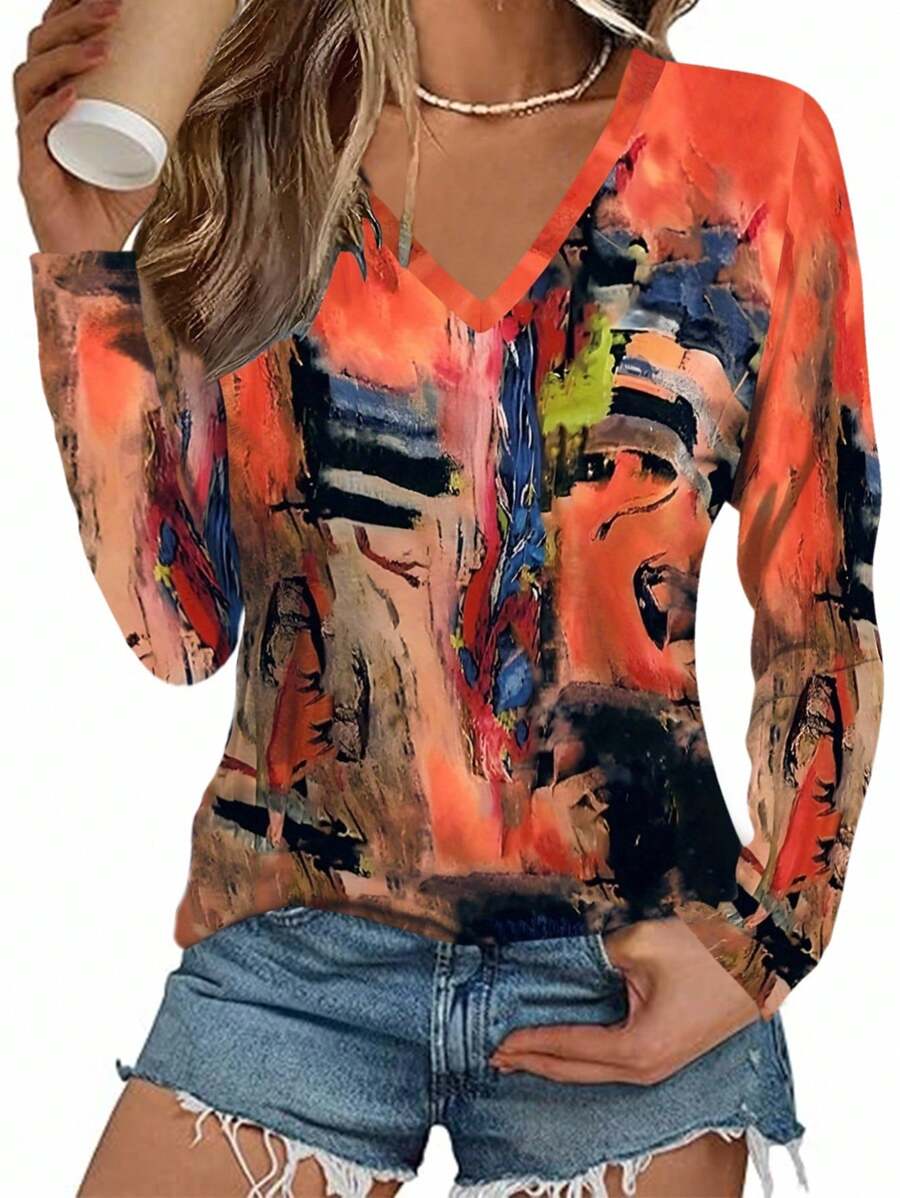 Camiseta de manga larga con estampado de teñido anudado de moda para mujer, primavera/otoño