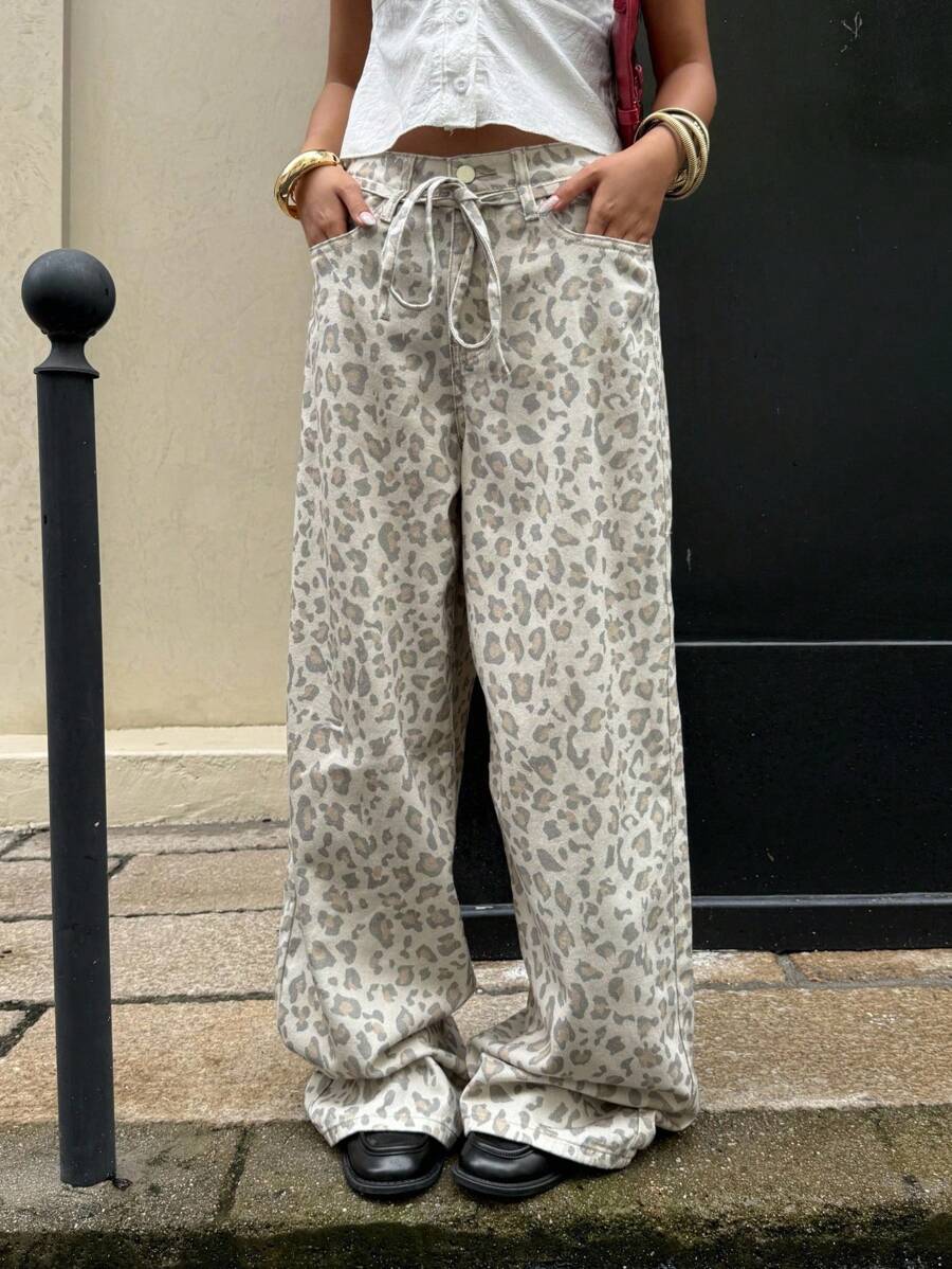 Muchica Pantalon à bretelles en jean imprimé léopard pour femmes, convient pour un usage quotidien