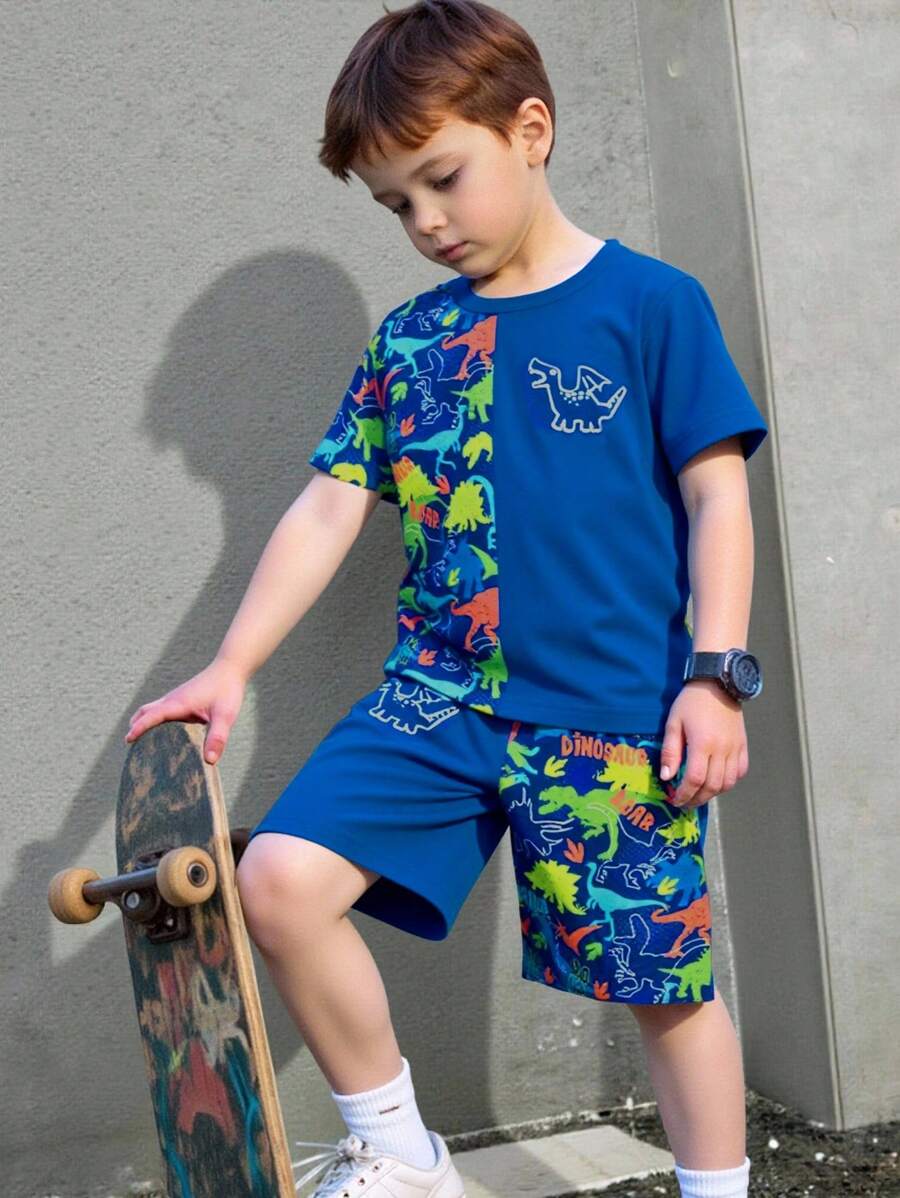 2pcs Young Boy Dinosaur Patchwork Print Short Sleeve T-Shirt And Shorts Set, Summer Outfit