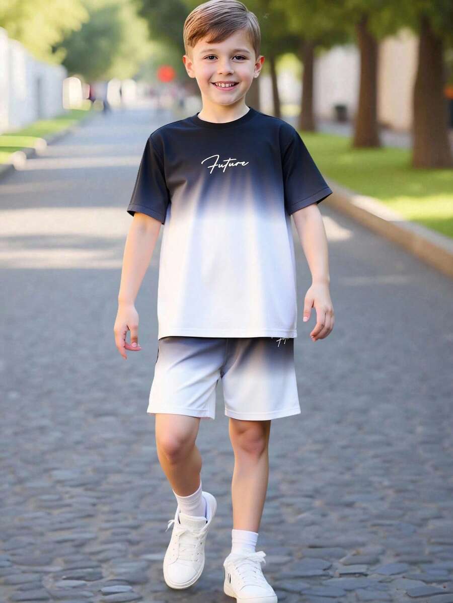 Tween Boy Casual Minimalist Letter Graphic Short Sleeve T-Shirt & Shorts 2Pc Set, Suitable For Summer