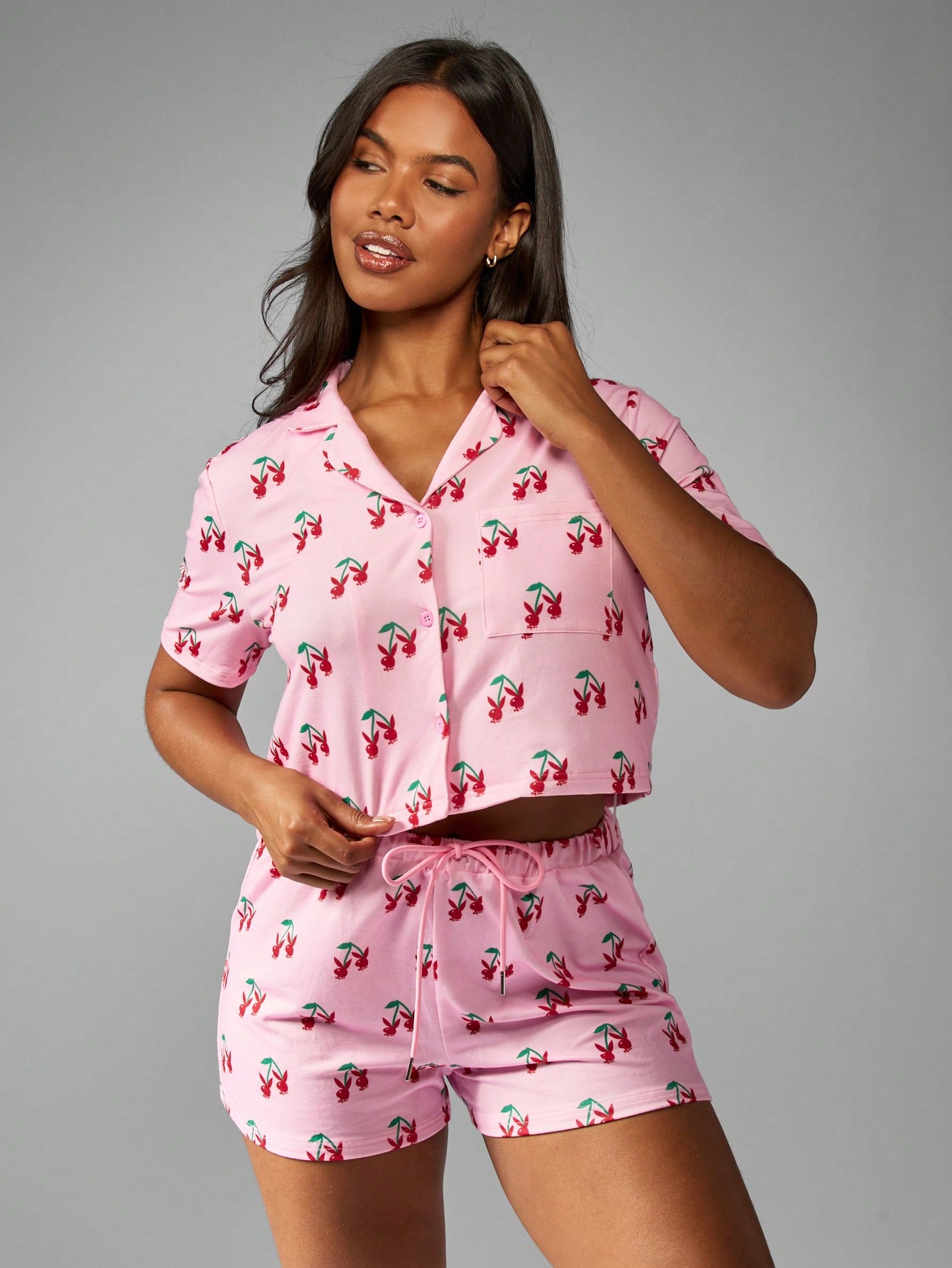 Missguided x Playboy Cherry Print Pajama Set With Button