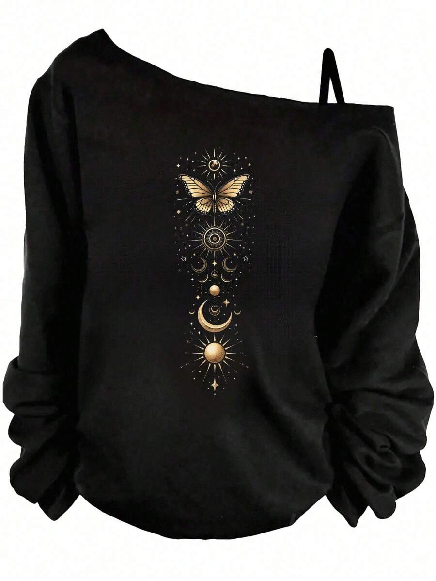 SHEIN Essnce Dames Casual Zwart Drop Shoulder Lange Mouw Asymmetrisch T-shirt Met Gouden Vlinder En Groene Ster Tattoo Print