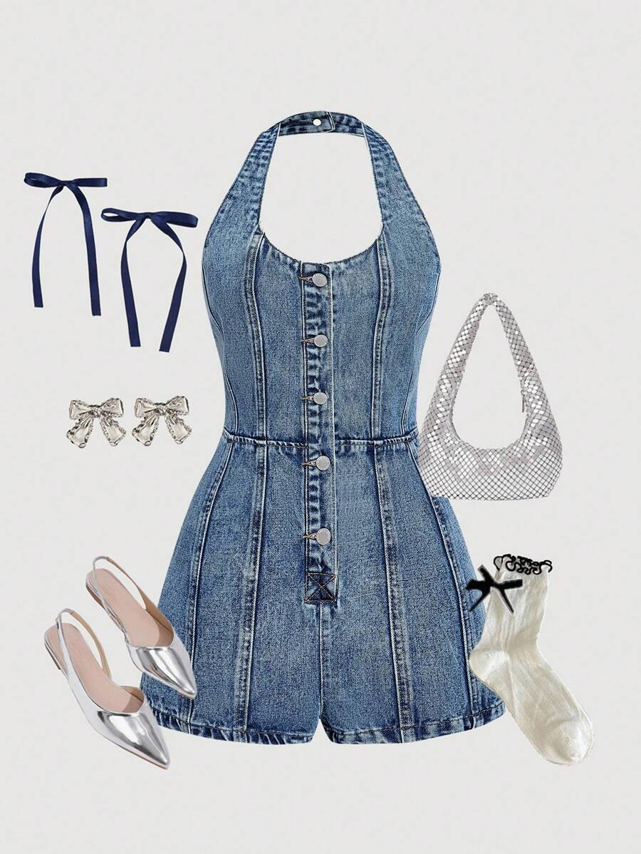 SHEIN MOD Women's Sleeveless Solid Color Strap Front Button Up Fitted Denim Jumpsuit, Summer