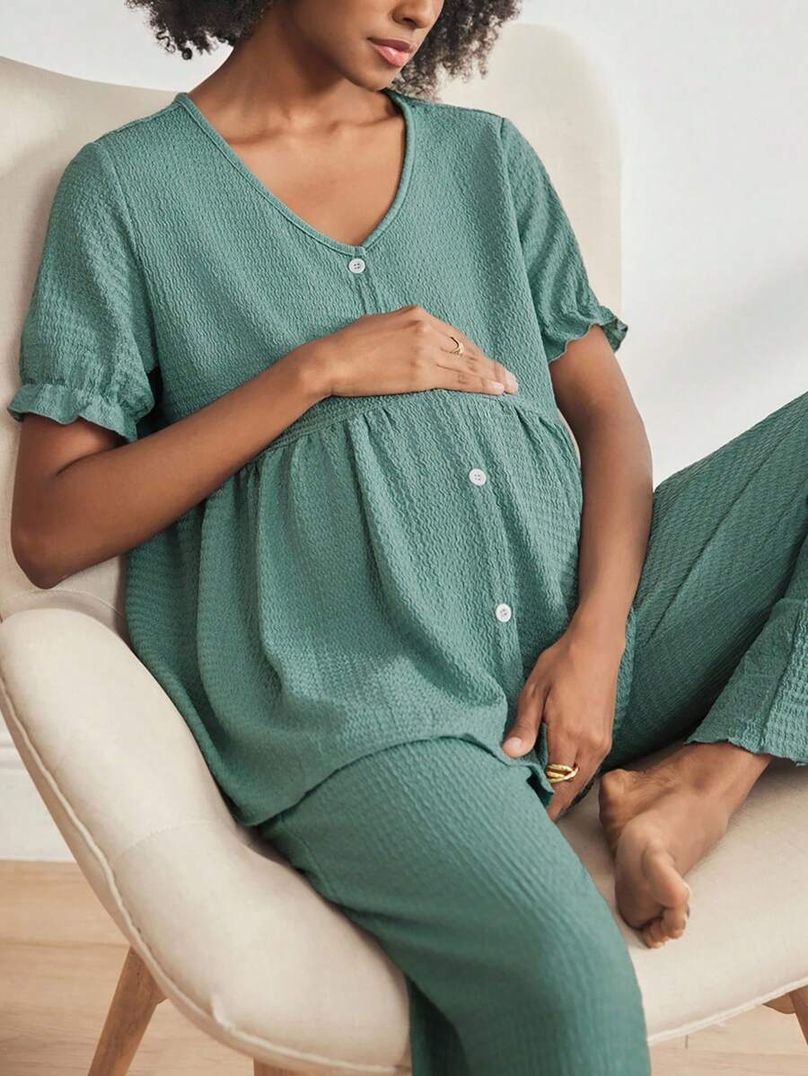 SHEIN BloomMama Conjunto de ropa de estar en casa para embarazadas compuesto por cardigan de manga abullonada de cuello en V de un solo color y pantalones
