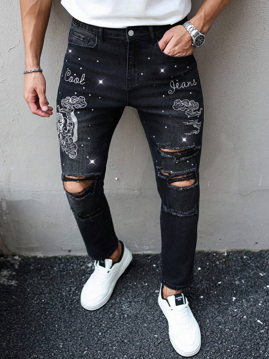 Manfinity LEGND Men's Fashion Street Style Embroidered Rhinestone Distressed Black Slim Fit Denim Jeans Men Rhinestone Jeans Men Graphic Jeans