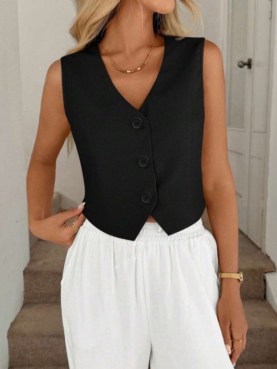 Easowa Chaleco negro, chaqueta fina, blusa de oficina para mujer