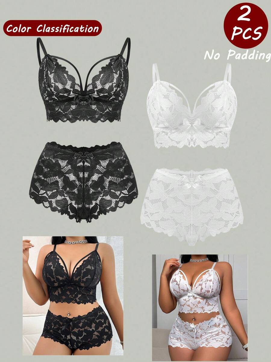 SHEIN 2pcs/Set Women Plus Size Sexy Lace Lingerie Set