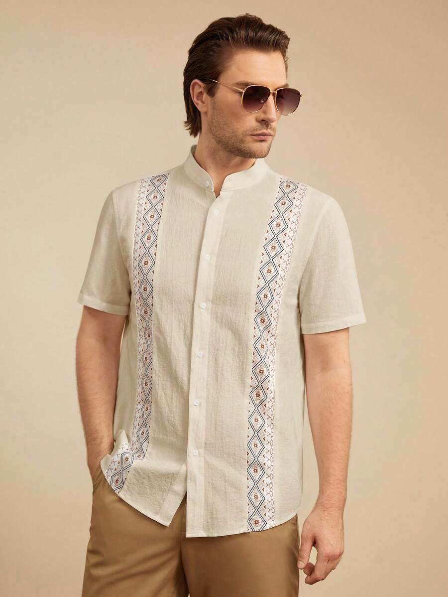 HIMLAND Men's Holiday Casual Printed Patchwork Stand Collar Short Sleeve Shirt