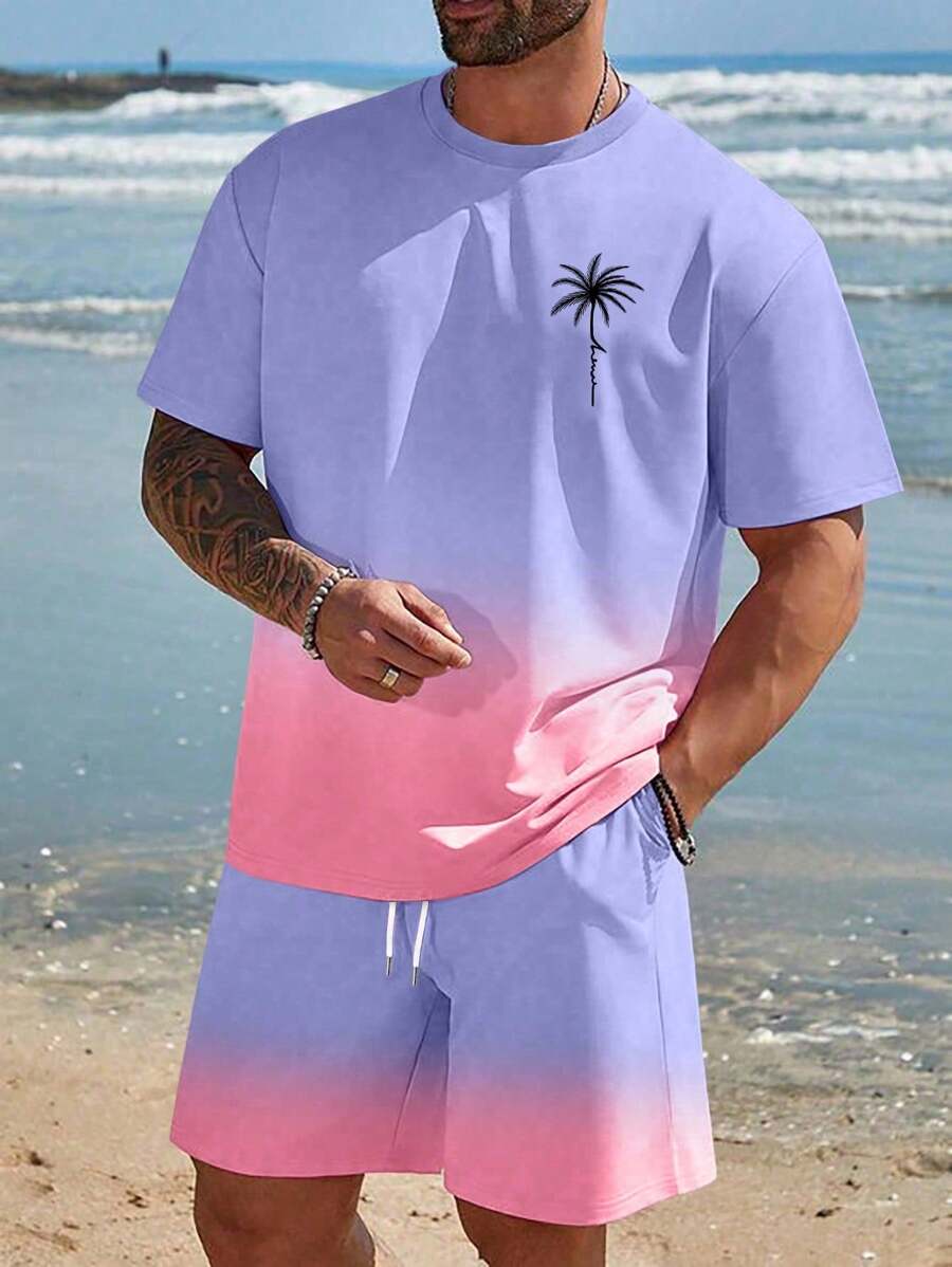 EASEVO Conjunto de camiseta de punto degradada y pantalones cortos casuales talla grande para hombre, apto para el verano