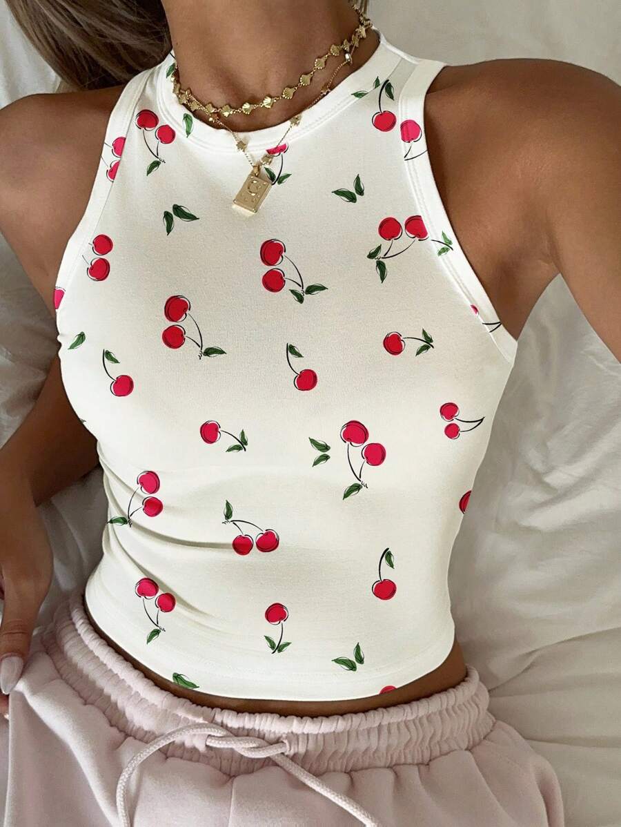 SHEIN EZwear Top aderente a girocollo con stampa di ciliegie, stile casual minimalista, adatto per l estate, per donne
