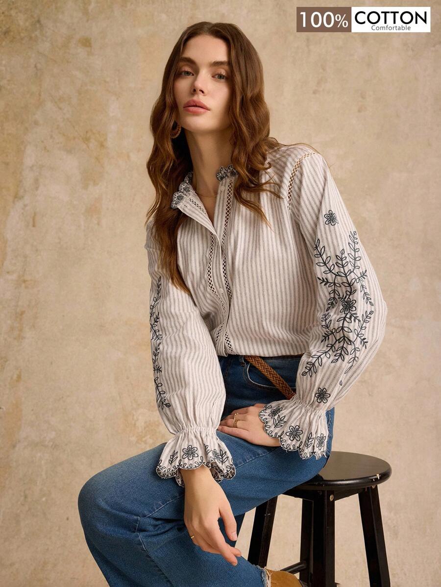Poéselle Women's Front Button Long Sleeve Floral Embroidered Casual Shirt,Boho, Western, Nashville Outfits, Coachella, Concert Wear