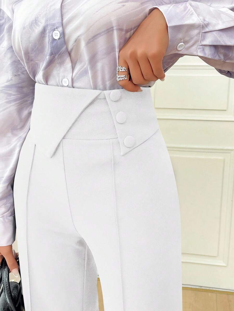 Modelyn Pantaloni casual a gamba dritta da donna, con design a vita pieghevole e bottoni, di colore liscio