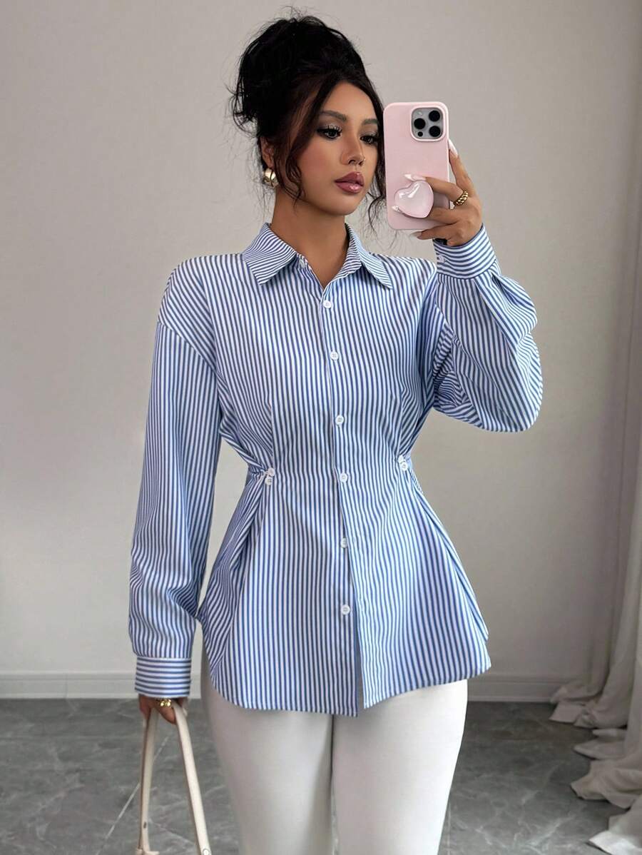 Modelyn Camisa casual de mujer de manga larga con hombros caídos, de un solo pecho y a la cintura, con rayas