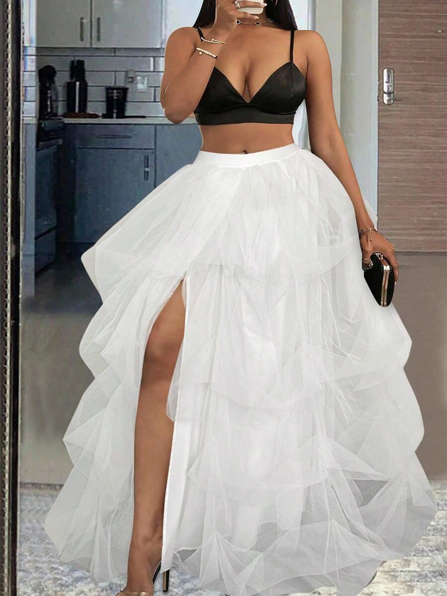 Slaydiva Vestido elegante y sexy de gala 2024 con cintura alta, malla exagerada. Vestido de tul de ballet largo maxi con abertura alta, falda en capas de tul hasta el suelo de corte evasé con cintura alta y abertura, talla grande