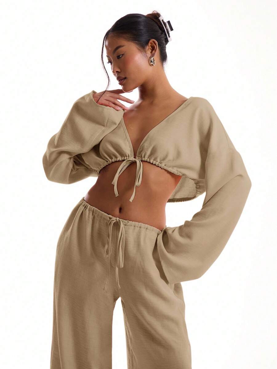 MUSERA Linen Feel Tie Front Wide Sleeve Beach Top Boho Vacation Spring Summer Sexy Elegant Ibiza Holiday Beach