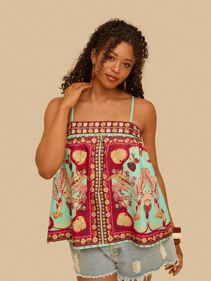 Travachic Camiseta de tirantes de mujer talla grande con estampado tropical colorido, ropa de resort casual