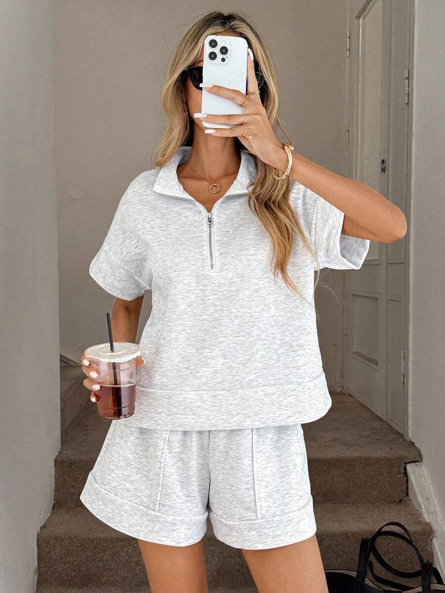 Easowa Set de 2 piezas de top con cuello polo y bolsillo talla grande pantalón corto de pierna ancha, estilo informal y suelto con cremallera, para oficina y uso diario