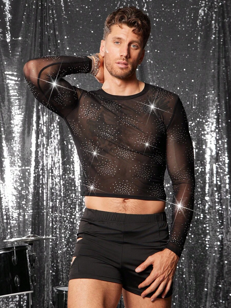 FeverCity Camiseta de manga larga con cuello redondo y detalles de diamantes de imitación en malla para hombres