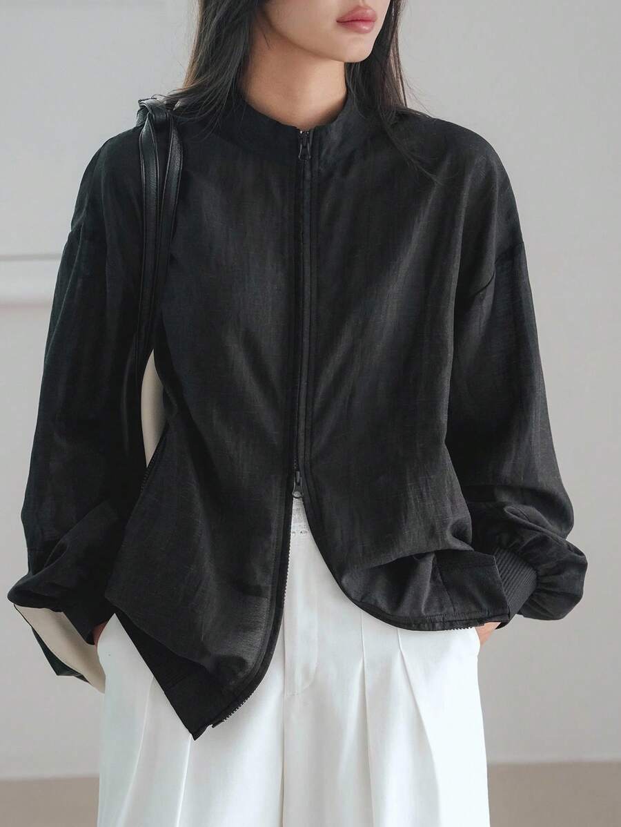 Dazy-Less Chaqueta de gasa de unicolor holgada de mujer para primavera/verano, cárdigan ligero para uso en la oficina, ropa de otoño