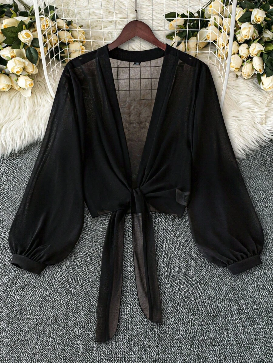 DreamSkyne Plus Size Women Tie Front Long Sleeve Open Front Lightweight Casual Jacket,Versatile For Spring/Summer Wear