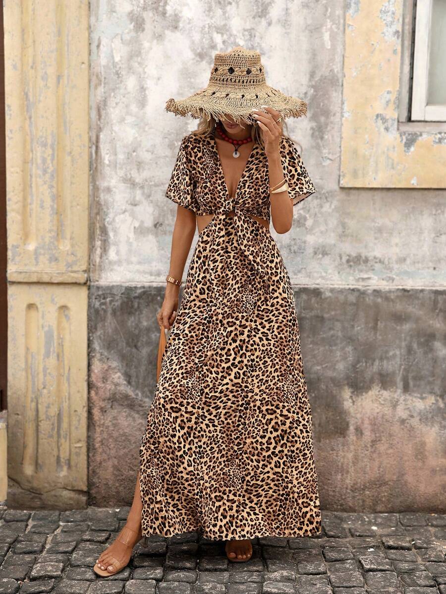Brillora Woven Leopard Print Waist Hollow Short Sleeve Fitted Dress For Women